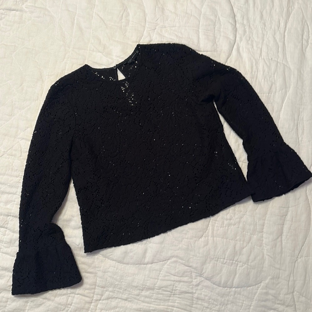 Zara, black knit cropped top with flared long sleeve